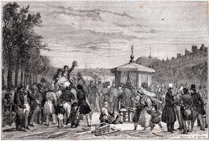 Čtení rozsudků zveřejněných v novinách Moniteur v zahradách královského paláce v Paříži 26. července 1830 během občanské války - revoluce 1830 - od Unknown
