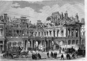 Rekonstrukční práce královského paláce (Palais-Royal) v Paříži. Gravírování v „“L