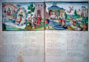 Náboženské divadlo: “” Passion and Resurrection”” hrané ve Valenciennes v roce 1547. Rukopisná strana s akvarelem, Paříž, B.N. od Unknown artist