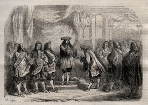 Rene Duguay Trouin (Duguay-Trouin) (Rene Trouin du Gue dit) (1673-1736) přebírá kříž Saint-Louis z rukou krále Ludvíka XIV. - rytina do „“ Dictionnaire populaire llustrious“ – 1864 – od Josepha Decembra a Edmond Allonier - od Unknown artist