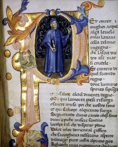 Znázornění v lettrině básníka Dante Alighieriho (1265 - 1321), miniatura 14. století. od Unknown artist