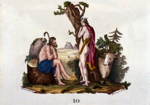 Reprezentace Argus a Io, přeměněné na krávu Merkurem. Deska převzata ze "" Slovníku mytologie "" 1888 od Unknown artist