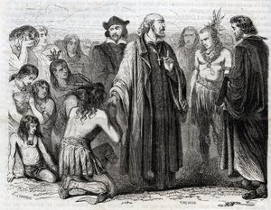 Reprezentace Bartolome de las Casas (1484-1566) dominikánský kněz, misionář u Indiánů“ (Portrét Bartolome de las casas, dominikánského mnicha a ochránce indiánů – rytina z roku 1860 od Unknown artist
