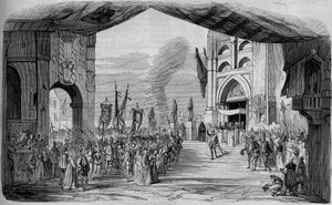 Reprezentace Dona Carla (Don Carlos) Opera v 5 jednáních od Giuseppe Verdiho v Pařížské opeře 11. března 1867. Car da fe, 3. jednání, výzdoba Cambona a Thierryho. Rytina z roku 1867. od Unknown artist