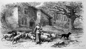 Zastoupení Johanky z Arku, když byla ještě mladá pastýřka v Domremy. Rytina. 19. století od Unknown artist