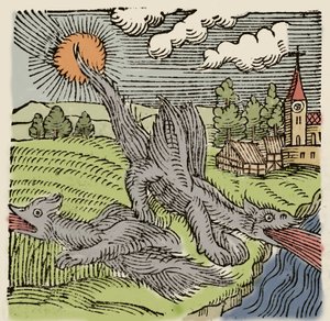 Zastoupení baziliky v letu hořící pšeničná pole. Rytina z „Prodigiorum ac ostentorum chronicon“ od Conrada Lycosthena (1518-1561). 1557. od Unknown artist