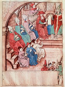 Reprezentace Kostnického koncilu v letech 1414 až 1418, nahoře Papež Martin V. (Pohled na Kostnický koncil, cca 1417) Miniatura převzata z „Kroniky Kostnického koncilu“ od Ulricha Richentala (1360-1437) 1438 přibližně Praha, Nati od Unknown artist