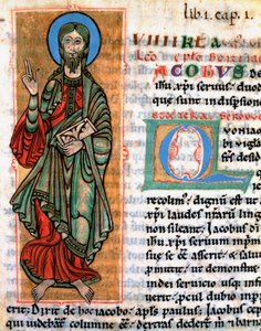 Znázornění apoštola svatého Jakuba Major Miniature převzato z „Codex Calixtinus“ (Kniha svatého Jakuba), kolem roku 1140. Fol. 4. Archivy katedrály Santiago de Compostela (Santiago de Compostela), Španělsko od Unknown artist