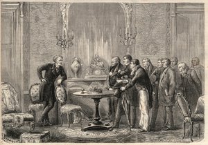 Reprezentace hry „“Mercadet““ (Le Faiseur) od Honore de Balzac (1799-1850) v Comedie Francaise. Dějství III, scéna VI. Gravírování v „“L
