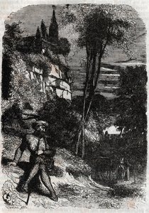 Rodomont, Isabella a starý poustevník – 1851 rytina z „“Zuřivého Rolanda““ (Orlando furioso) (16. století) od Ludovica Ariosta, známého jako Ariosto – vydání přeložené z italštiny hrabětem z Tressanu a vydané Gustavem Harvardem 1851 od Unknown artist