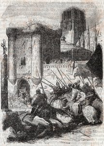 Rodomont rozbije dveře pařížského Palais - rytina z roku 1851 z „“Roland furieux““ (Orlando furioso) (16. století) od Ludovica Ariosta, známého jako Ariosto – vydání přeložené z italštiny hrabětem z Tressanu a vydané Gustavem Harv od Unknown artist