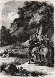 Roger (Ruggero, Ruggiero), Marphise (Marfisa) a tři ženy - rytina z roku 1851 z „“Roland furieux““ (Orlando furioso) (16. století) od Ludovica Ariosta, zvaná Ariosto – vydání přeložené z italštiny hrabětem z Tressanu a publikoval od Unknown artist