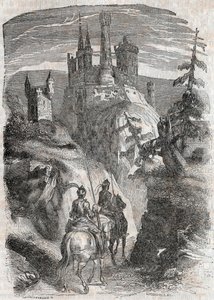 Roger (Ruggero, Ruggiero) a Richardet vidí hrad Aigremont - rytina z roku 1851 z „“Roland furieux““ (Orlando furioso) (16. století) od Ludovica Ariosta, známého jako Ariosta – vydání přeložené z italštiny hrabětem z Tressanu a publ od Unknown artist