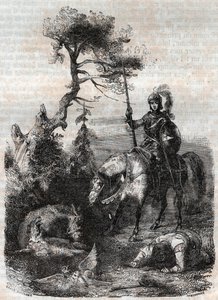Roger (Ruggero, Ruggiero) využívá okouzlující štít – rytinu z roku 1851 z „“Zuřivého Rolanda““ (Orlando furioso) (16. století) od Ludovica Ariosta, známého jako Ariosta – vydání přeložené z italštiny hrabětem z Tressanu a publikováno od Unknown artist