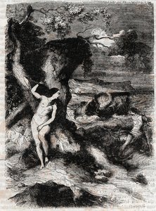 Roland delivre Olympe – rytina z roku 1851 z „“ Roland furieux““ (Orlando furioso) (16. století) od Ludovica Ariosta, známá jako Ariosto – vydání přeložené z italštiny hrabětem z Tressanu a vydané Gustavem Harvardem 1851 od Unknown artist