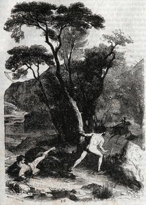 Roland pursuing Angelique (Angelica) - rytina z roku 1851 z „“Zuřivého Rolanda““ (Orlando furioso) (16. století) od Ludovica Ariosta, známého jako Ariosto – vydání přeložené z italštiny hrabětem z Tressanu a vydané Gustavem Harvardem 1851 od Unknown artist