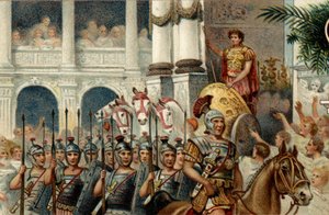 Římský politický systém. The Emperor: Defile na počest vítězství římského císaře Augusta (Octaviana nebo Octaviana) získaných v Actiu, Panonii a Egyptě. Chromolitografie konce 19. století. od Unknown artist