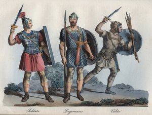 Římský voják - Legionář - Velites (lehká pěchota) - rytina z „“ Zvyků a tradic všech národů vesmíru. To je historie vlády, zákonů, milicí, náboženství všech národů od nejvzdálenějších dob až po současnost. od Unknown artist