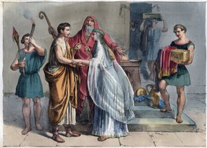 Římská svatba v době republiky - rytina z „“ Zvyků a tradic všech národů vesmíru. Tedy Dějiny vlády, zákonů, milicí, náboženství všech národů od nejvzdálenějších dob až po současnost „1856 od Unknown artist
