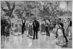 Rumunsko: Ples na počest prince Rodolpha (1858-1889) a princezny Stephanie Rakouska-Uherska (1864-1945) v Národním divadle v Bukurešti. Gravírování v „“Le Monde Illustré““ od Unknown artist