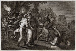 Royaumontská Bible, Nový zákon: Zatčení Ježíše Krista nebo Jidášův polibek. Vojáci přicházejí zatknout Krista do Olivetské zahrady. Svatý Petr jednomu z nich uřízne ucho. Ilustrace z roku 1811. od Unknown artist