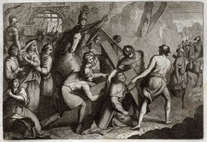 Royaumontská Bible, Nový zákon: Nesení kříže (křížová cesta). Ježíš Kristus nese svůj kříž na horu Kalvárii s pomocí Šimona z Kyrény (Kyrenejce). Ilustrace z roku 1811. od Unknown artist
