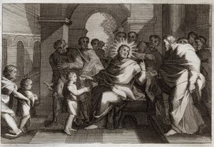 Royaumontská Bible, Nový zákon: Dětský model pokory. Ježíš Kristus nabízí svým učedníkům dítě jako vzor pokorného křesťana. Ilustrace z roku 1811. od Unknown artist