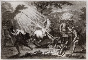Royaumontská Bible, Nový zákon: Obrácení svatého Pavla na cestě do Damašku. Slyší hlas Ježíše Krista, který mu říká: „Vrbo, vrbo, kdo mě pronásleduješ“ (Saule, Saule, proč mě pronásleduješ?) a padá kůň. Ilustrace z roku 1811. od Unknown artist
