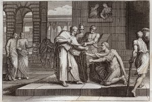 Royaumontská Bible, Nový zákon: Cornelius křtí. Vrána setník přijímá víru Ježíše Krista a je pokřtěn svatým Petrem. Ilustrace z roku 1811. od Unknown artist