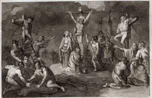 Royaumontská Bible, Nový zákon: Ukřižování Ježíše Krista. Panna Maria, svatá Máří Magdalena a svatý Jan u paty kříže, svatý Longin setník (svatý Longinus) s kopím, vojáci hrající na Kristovu tuniku. Po stranách, repr od Unknown artist