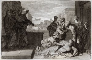 Royaumontská Bible, Nový zákon: Smrt Ananie a jeho manželky Saphire před svatým Petrem a svatým Janem. Ilustrace z roku 1811. od Unknown artist