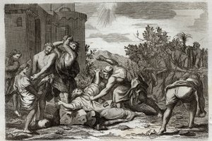 Royaumontská Bible, Nový zákon: Smrt svatého Štěpána, prvního křesťanského mučedníka, ukamenováním. Ilustrace z roku 1811. od Unknown artist