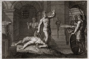 Royaumontská Bible, Nový zákon: Dekolace svatého Jana Křtitele. Jeden položí hlavu na plošinu. Ilustrace z roku 1811. od Unknown artist