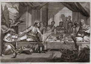 Royaumontská Bible, Nový zákon: Večeře u Šimona Farizea. Marie Magdalena šla plakat u nohou Ježíše Krista k farizeovi Šimonovi a dosáhla odpuštění svých hříchů. Pomaže Kristovy nohy mastí a otírá je svými vlasy. Il od Unknown artist