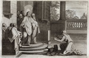 Royaumontská Bible, Nový zákon: Ježíš Kristus a manželka Kanaánu (Kanána nebo cizí žena). Rolník prosí Pána o pomoc, aby uzdravil její dceru. Kristus mu odpověděl: "Byl jsem poslán pouze ke ztraceným ovcím z domu Izraele." Ilustrace z od Unknown artist