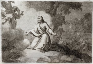 Royaumontská Bible, Nový zákon: Ježíš Kristus v zahradě (modlitba na Olivové hoře). Ježíšovi se zjevuje anděl držící kalich. Apoteři svatého Petra, svatého Jana a svatého Jakuba spí. Ilustrace z roku 1811. od Unknown artist