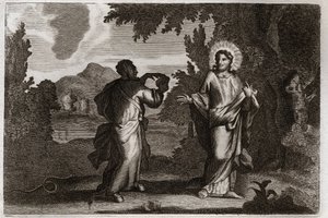Royaumontská Bible, Nový zákon: Ježíš Kristus na poušti. Ježíš je zahnán do pouště. Je mladý čtyřicet dní a čtyřicet nocí. Je pokoušen démonem, který ho vyzývá, aby proměnil kameny v chléb. Ilustrace z roku 1811. od Unknown artist