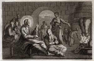 Royaumontská Bible, Nový zákon: Marta a Marie. Ježíš Kristus vstupuje do domu Marty, která spěchá, aby ho přijala, zatímco jeho sestra Marie z Betanie slyší jeho slovo. Ilustrace z roku 1811. od Unknown artist