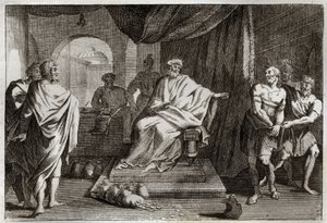 Royaumontská Bible, Nový zákon: Podobenství o talentech. Pán potrestá jednoho ze svých sluhů, který schoval peníze, které mu dal. Ilustrace z roku 1811. od Unknown artist