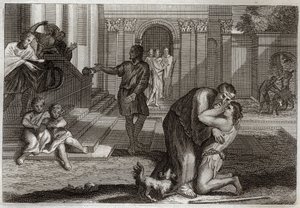 Royaumontská Bible, Nový zákon: Podobenství o marnotratném dítěti. Syn se vrací domů poté, co odešel a ztratil veškerý svůj majetek. Přichází požádat svého otce o odpuštění. Ilustrace z roku 1811. od Unknown artist