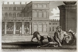 Royaumontská Bible, Nový zákon: Podobenství o zlém boháče představuje u stolu vzadu a žebráka Lazara, jehož psi bohatých olizují rány. Ilustrace z roku 1811. od Unknown artist