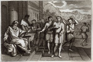 Royaumontská Bible, Nový zákon: Podobenství o dělnících révy nebo podobenství o dělnících jedenácté hodiny. Dělníci, které Otec rodiny posílá pracovat na svou vinici. Ilustrace z roku 1811. od Unknown artist