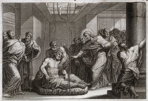 Royaumontská Bible, Nový zákon: Paralytický. Ježíš Kristus zavolal svatého Matouše a uzdravil ochrnutého v Kafarnaeu. Ilustrace z roku 1811. od Unknown artist