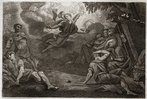 Royaumont Bible, New Testament: Pastors at the Crech. Anděl zvěstuje Narození Ježíše Krista pastýřům (Zvěstování pastýřům). Ilustrace z roku 1811. od Unknown artist