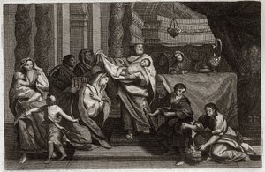 Royaumontská Bible, Nový zákon: Očištění Panny nebo prezentace v chrámu. Svatá rodina nabízí Ježíše Krista do chrámu a dává ho Symeonovi (nebo Simeonovi nebo Šimonovi). Žena drží dvě holubice v košíku. Ilustrace z roku 1811. od Unknown artist