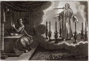 Royaumontská Bible, Nový zákon: Zjevení svatého Jana ve Zjevení. Ježíš Kristus se objevuje ve svatém Janovi mezi sedmi zlatými svícny se sedmi hvězdami v pravé ruce a mečem vycházejícím z jeho úst. Ilustrace z roku 1811. od Unknown artist
