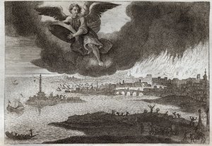 Royaumontská Bible, Nový zákon: Zřícenina Babylonu. Babylon v plamenech, anděl hází kámen do moře, symbolizující zničení tohoto města během Zjevení. Ilustrace z roku 1811. od Unknown artist