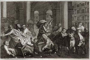 Royaumontská Bible, Nový zákon: Prodejci loví z chrámu. Ježíš Kristus vyhání z chrámu ty, kteří ho znesvěcovali provozem, který tam prováděli. Ilustrace z roku 1811. od Unknown artist