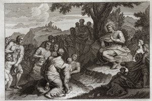 Royaumontská Bible, Nový zákon: Kázání na hoře. Ježíš Kristus vybírá ze svých učedníků dvanáct apoštolů a přednáší před nimi a před velkým lidem kázání, které se obvykle nazývá Kázání na hoře. Ilustrace z roku 1811. od Unknown artist