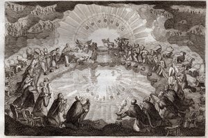 Royaumontská Bible, Nový zákon: Sedm pečetí knihy otevřené Beránkem. Dvacet čtyři stařešinů se sklání před trůnem, obklopeno lvem, volem, mužem a orlem (tetramorfem) a sedmi lampami. Ilustrace z roku 1811. od Unknown artist
